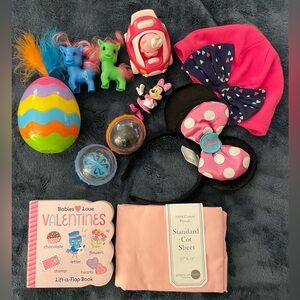 Little baby girl toys hello kitty and mini mouse, new cot sheet, valentine book